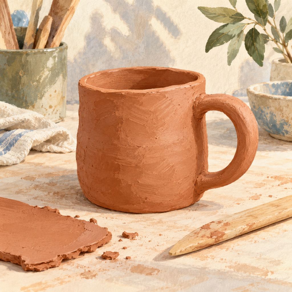 Illustration of a handbuilt terracotta mug with an attached handle and clay tools.
