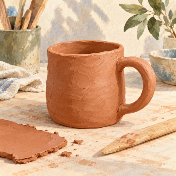 Illustration of a handbuilt terracotta mug with an attached handle and clay tools.