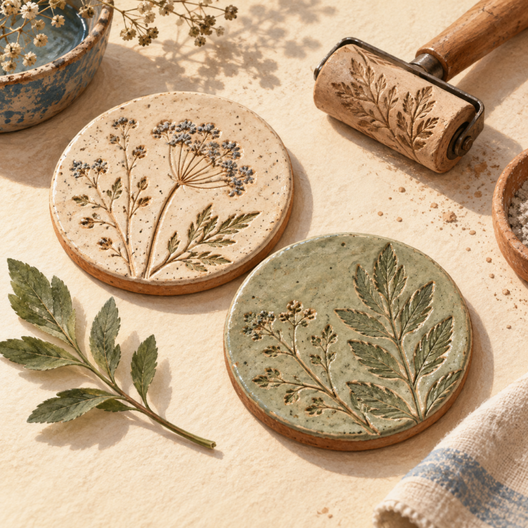 Illustration of two botanical textured ceramic coasters and a clay roller.