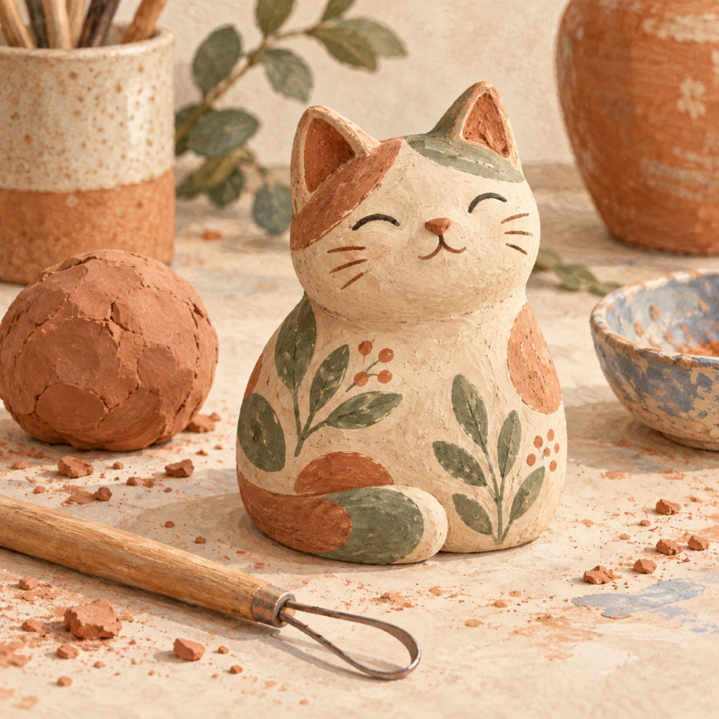 Illustration of a handbuilt ceramic cat decorated in earthy colours.
