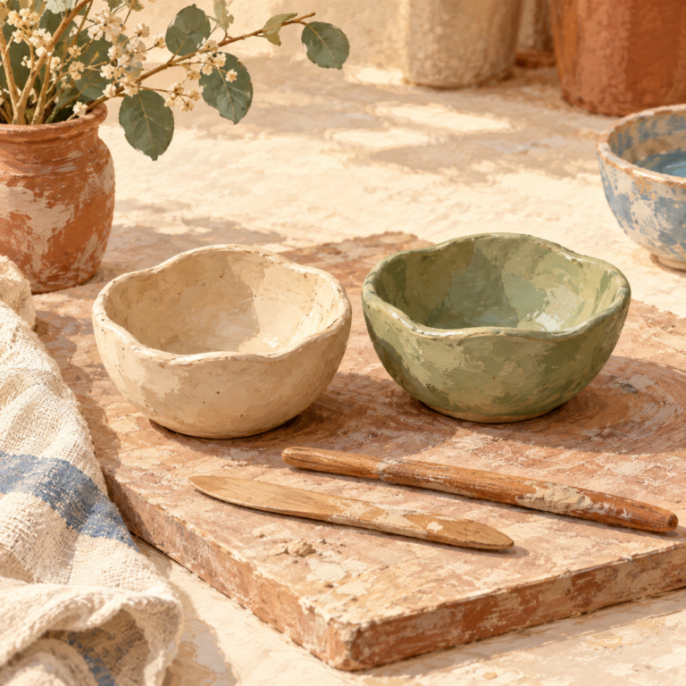 Illustration of two handmade pinch bowls on a shared pottery work board.
