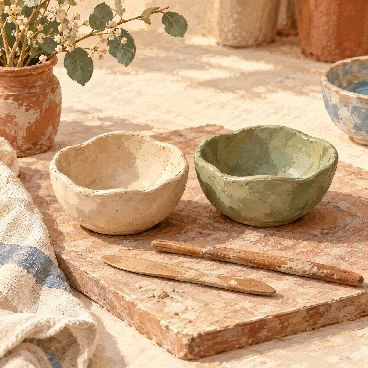 Illustration of two handmade pinch bowls on a shared pottery work board.
