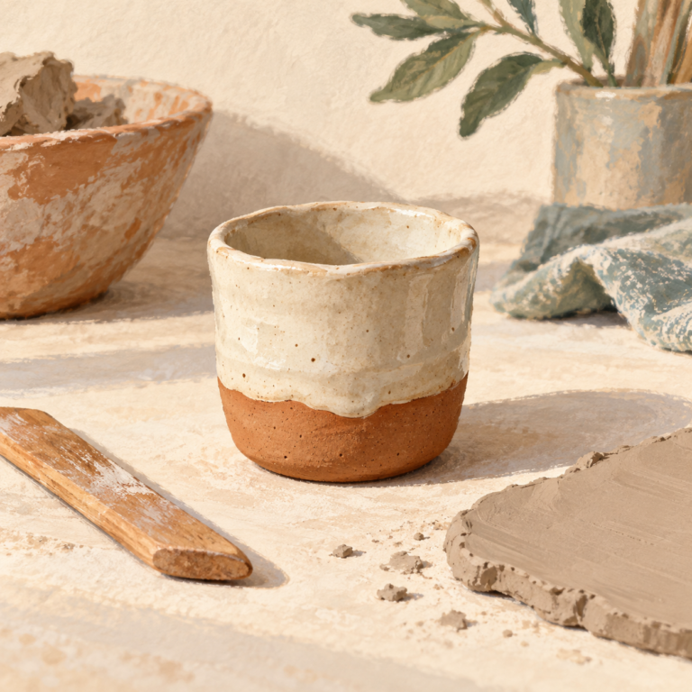 Illustration of a small handleless ceramic espresso cup and handbuilding tools.