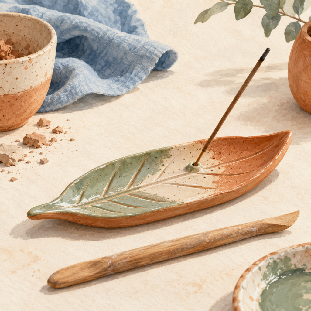 Illustration of a leaf-shaped ceramic incense holder with an unlit incense stick.