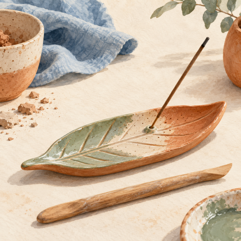 Illustration of a leaf-shaped ceramic incense holder with an unlit incense stick.