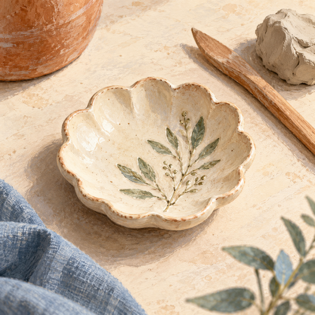Illustration of a scalloped ceramic jewelry dish with a botanical pattern and clay tools.
