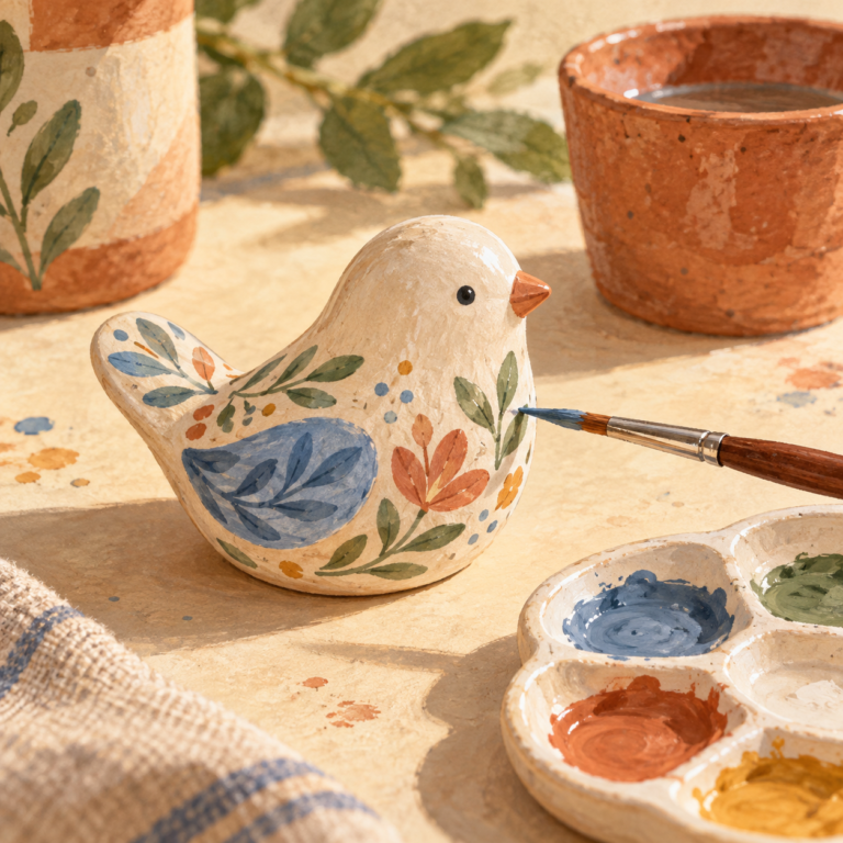 Illustration of a small ceramic bird being painted with botanical patterns.