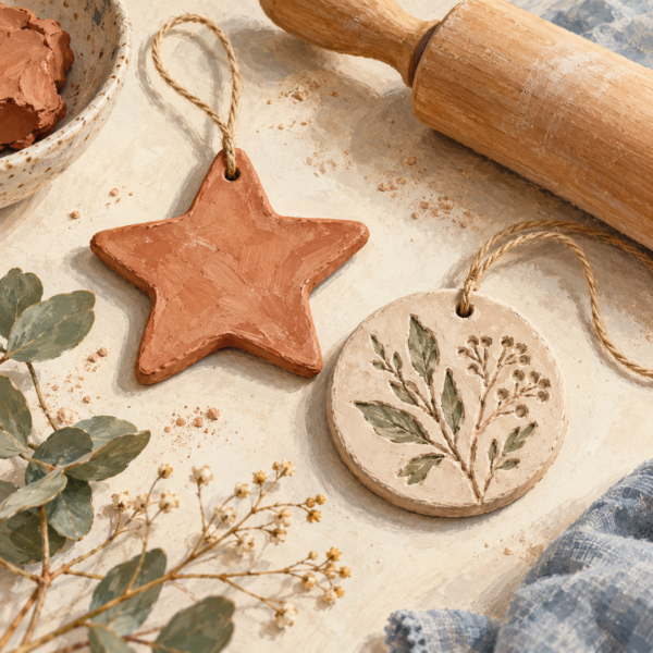 Illustration of two handmade clay ornaments, a star and a botanical disc.