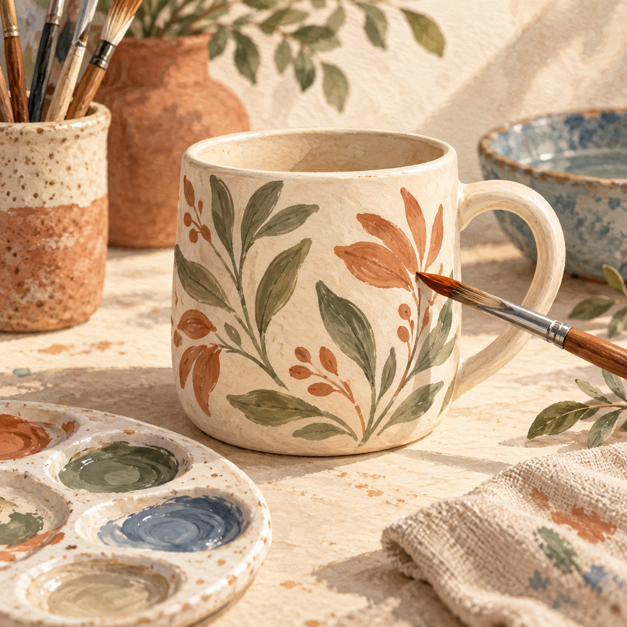 Illustration of a ceramic mug being painted with sage and terracotta leaves.