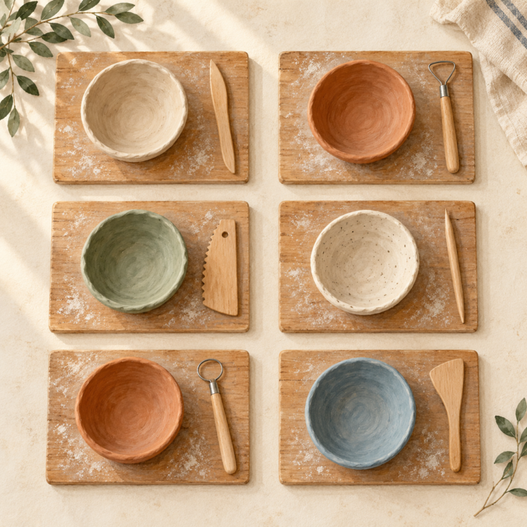 Illustration of six pottery work boards, each with a ceramic bowl and clay tool.