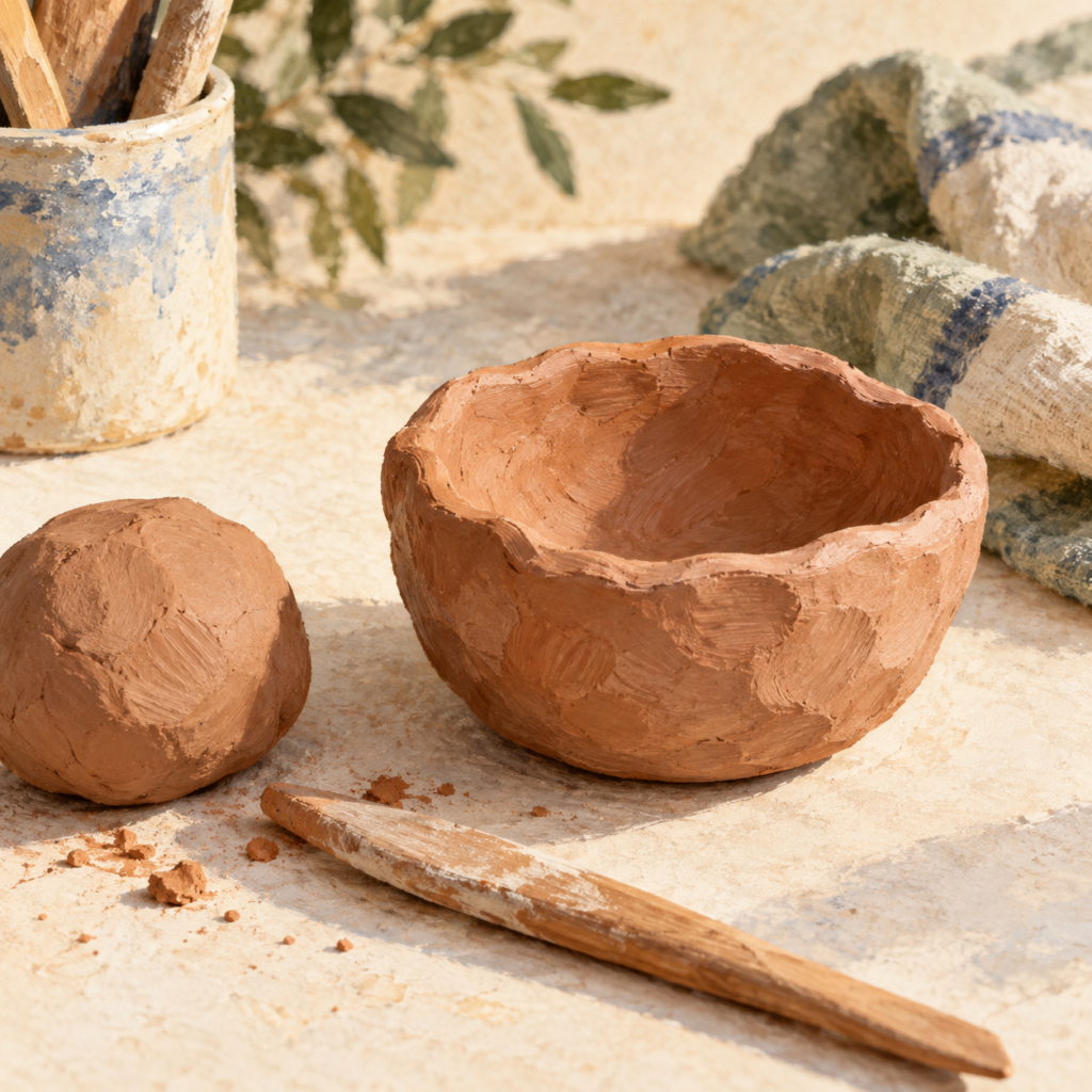 Illustration of a rustic clay pinch pot with a ball of clay and wooden tool.