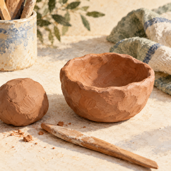 Illustration of a rustic clay pinch pot with a ball of clay and wooden tool.