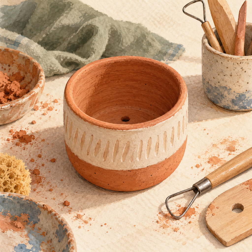 Illustration of an empty terracotta mini planter with a cream textured band.