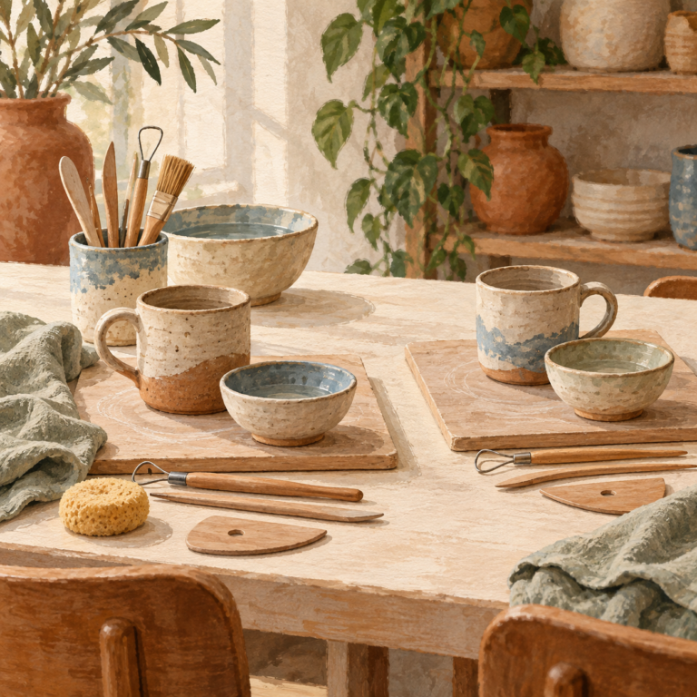 Illustration of a pottery workspace for two with handmade mugs, bowls and tools.