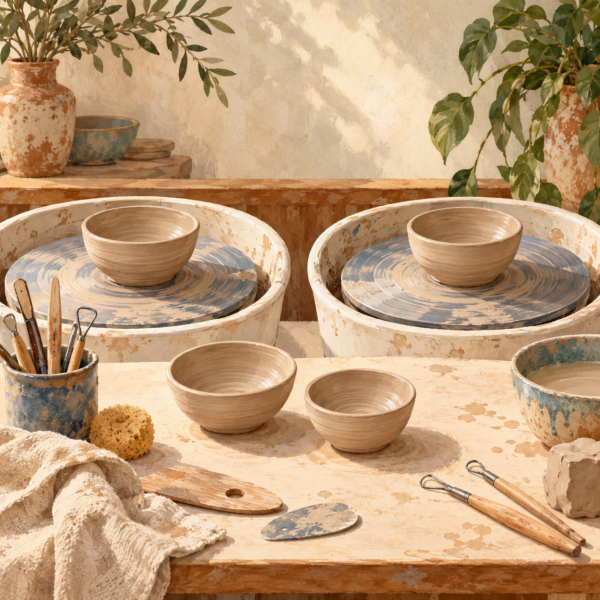 Illustration of two pottery wheels with clay bowls and two practice bowls.