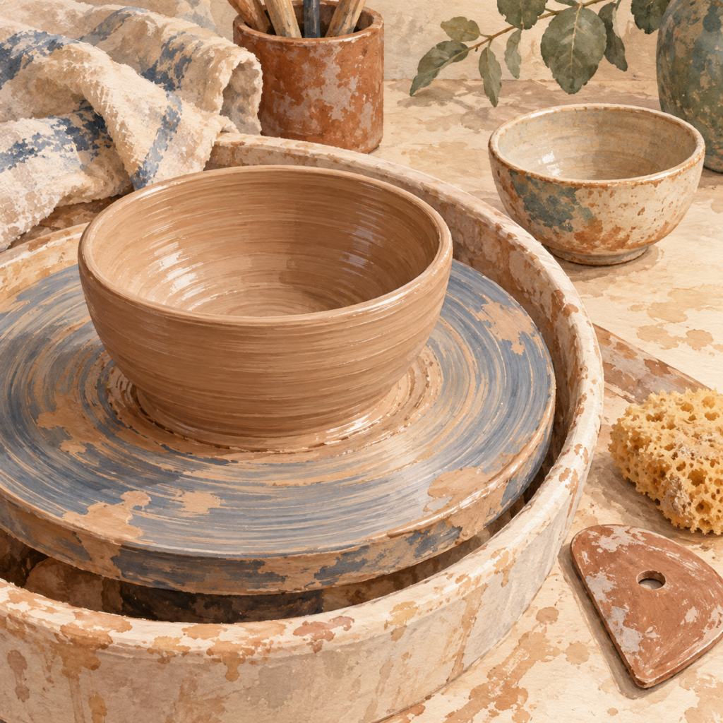 Illustration of a bowl on a pottery wheel and a second practice bowl.
