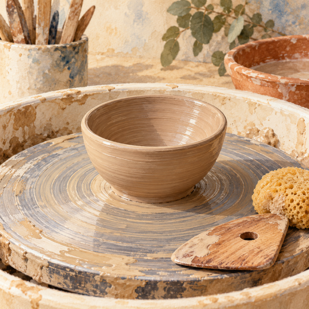 Illustration of a small wet clay bowl on a pottery wheel with a sponge and wooden rib.