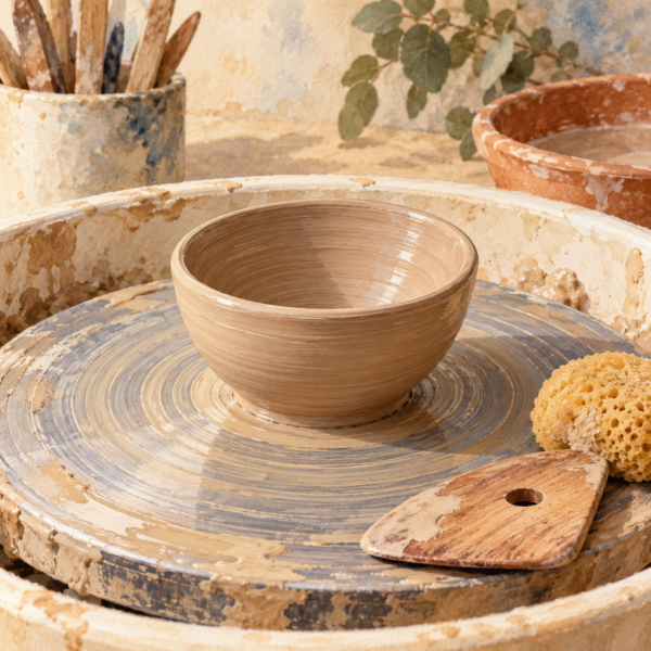 Illustration of a small wet clay bowl on a pottery wheel with a sponge and wooden rib.